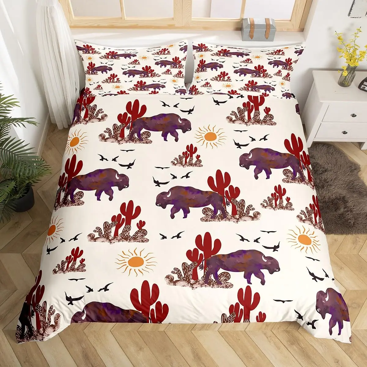 Juego de funda nórdica Buffalo Ranch Bisons de América del Norte, juegos de cama occidentales tamaño Queen, juego de funda de edredón de animales rústicos de estilo rural