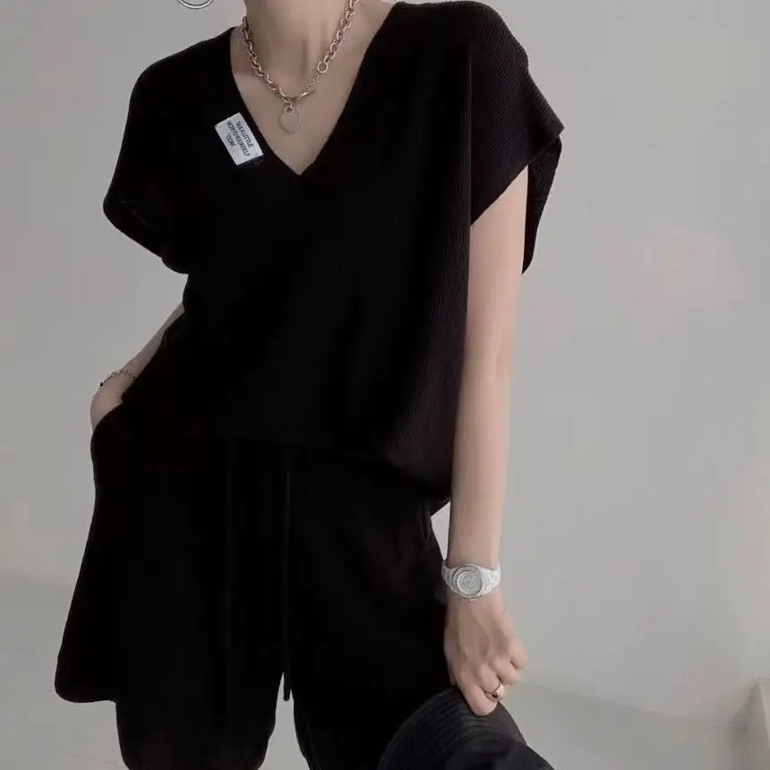 2025 Summer New Casual Temperament V-neck Short Sleeve Short Sets Female Simplicity Knitting Two-piece Suit Elastic Waist Sets