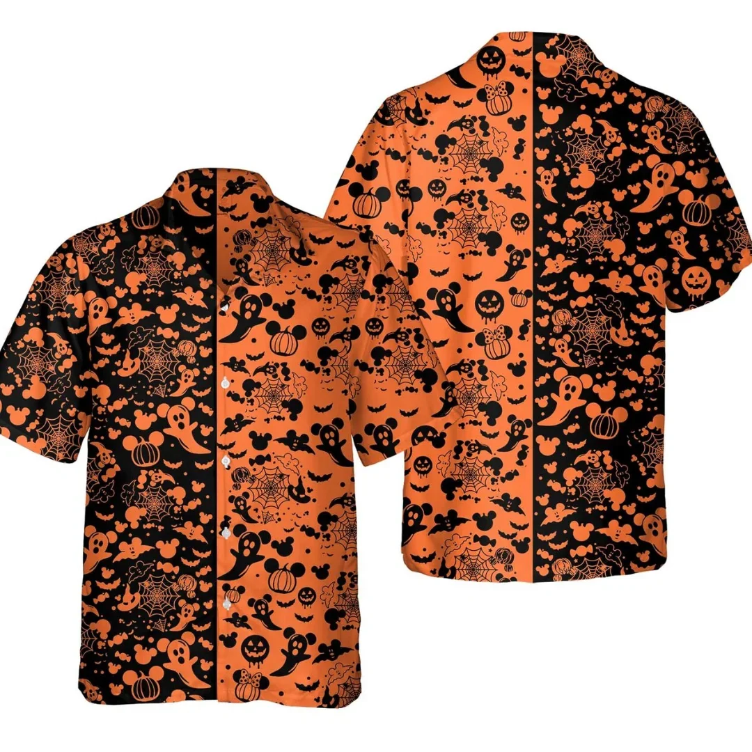 디즈니 할로윈 하와이안 셔츠 남녀공용, 반팔 단추 업 셔츠, 미키 휴가 가족 하와이안 셔츠, 캐주얼 비치 셔츠