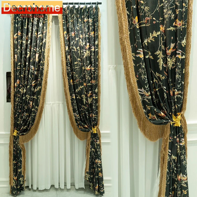 

American Retro Black Flower and Bird Printing Thickened Curtains for Bedroom Living Room French Window Balcony Window Customized