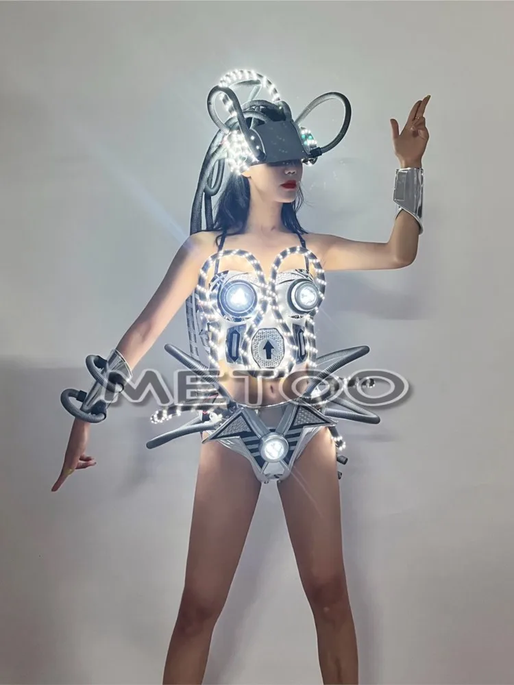 Silver LED Light Armor Robot Silver Split Performance Suit GOGO DS Performance Costume