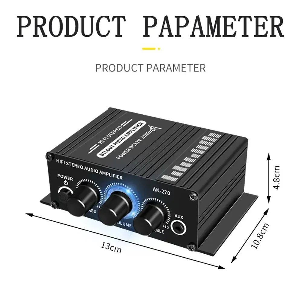 AK-270 HIFI Amplifikatör 2.0 Kanal Ev Amp Bas ve Tiz Ayarı Stereo Ses Ev Sineması Ses Sistemi DC12V Siyah MP3