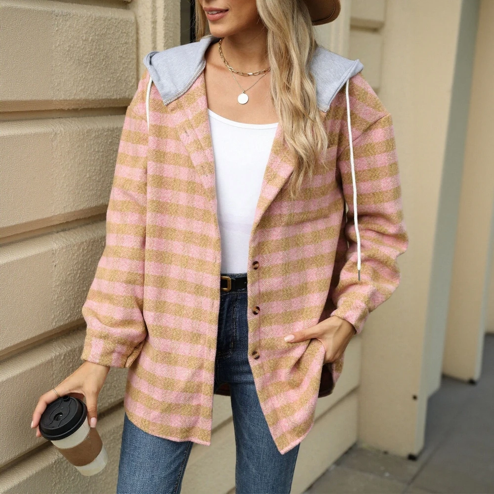 

Женская шерстяная куртка в клетку с капюшоном, однобортная осенне-зимняя новая стильная европейско-американская мода