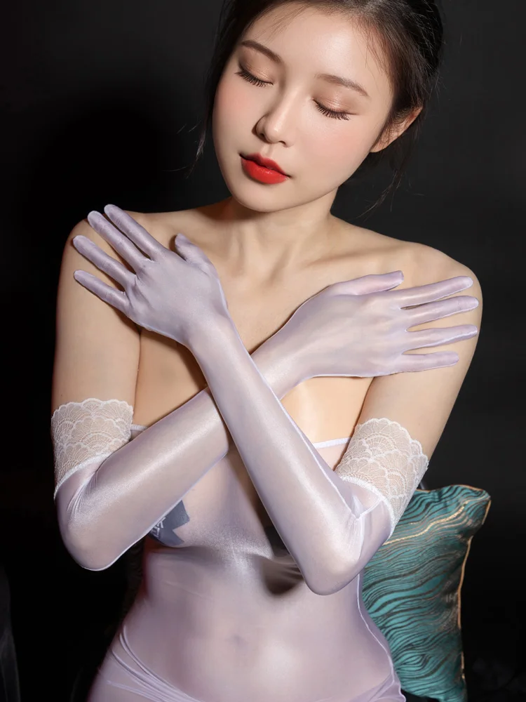 Sexy Women Lace Oil Glossy Shiny Elastic Glove Sheer See Through Ultrathin Sunscreen Driving Dance Glove Luxury Plus Size