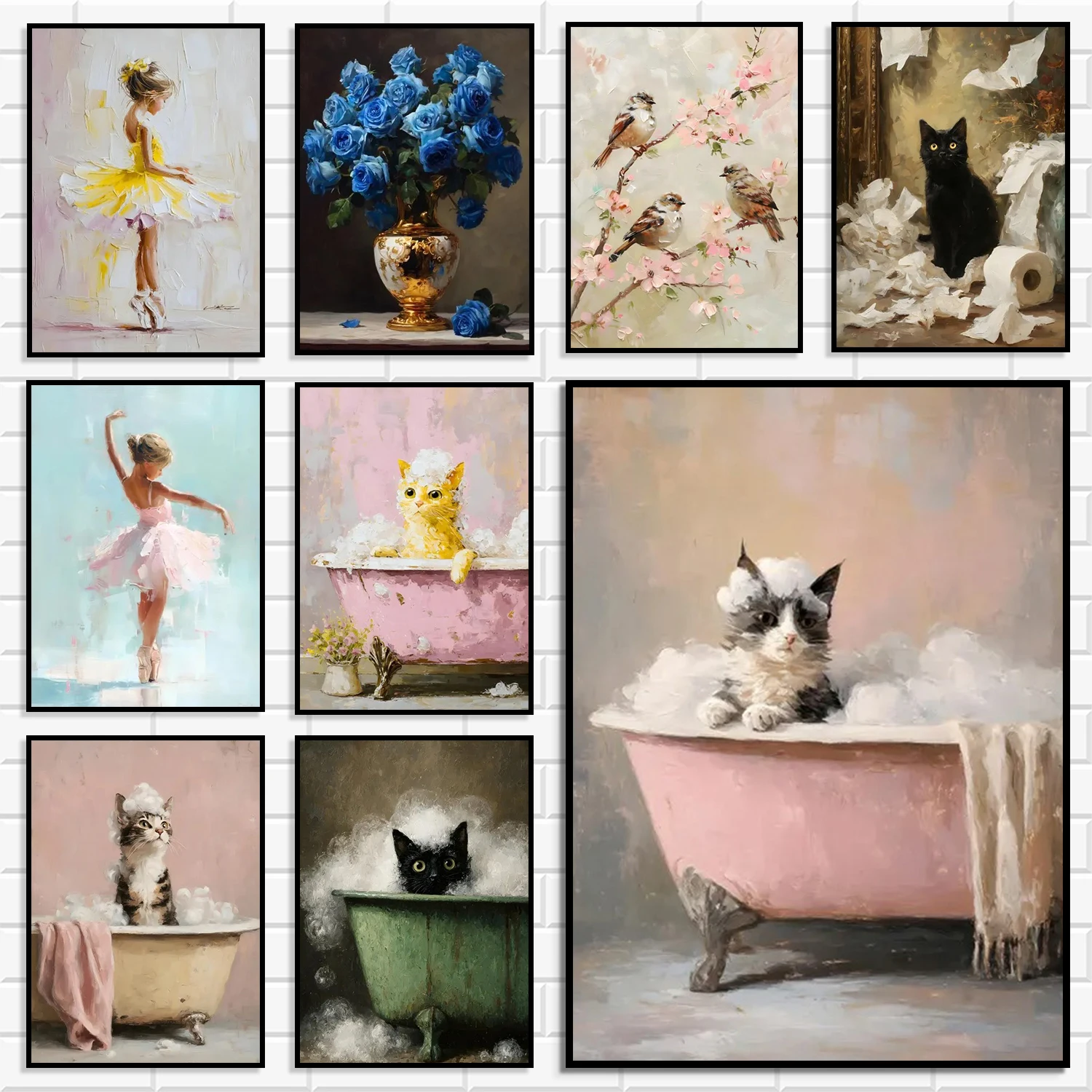 Ästhetisches Retro-Leinwandposter, Ballerina und badeendes Kätzchen, Kunstdruck, Geschenk für Mädchenzimmer, Badezimmer, Wohnung, Heim, Wanddekoration