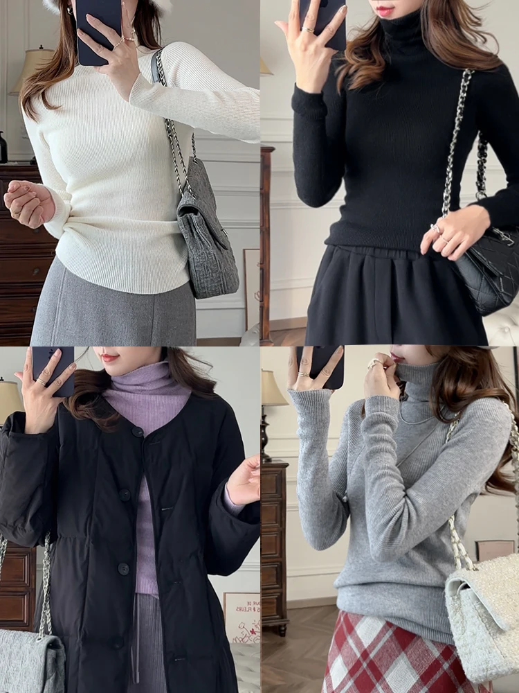 

Женский вязаный шерстяной базовый топ Zhang ei High Ne Pure Color для поездок на работу, длинный све, облегающий зимний топ