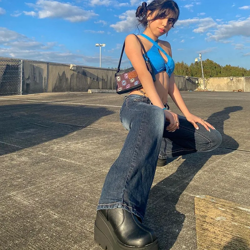 

Denim Flare Pants Women Jeans Boot Cut Multiple Pockets High Waist Washed Vintage Distressed Trousers Y2k Streetwear 2025