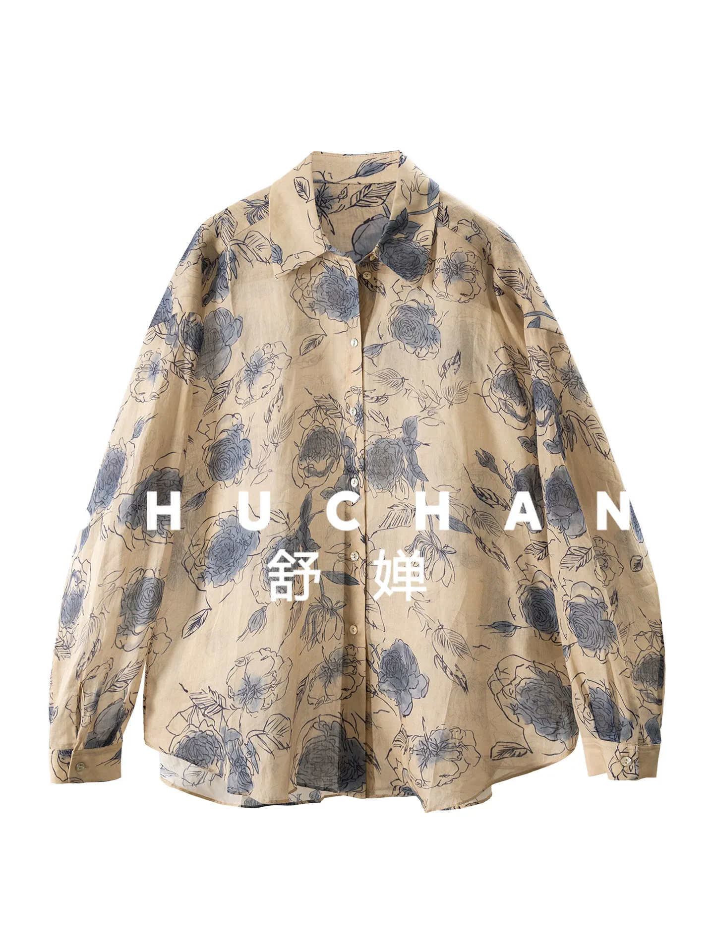 

Flower Print Shirt Ink-dyed Literature and Art, Free and Relaxed 100% Ramie Is Refreshing Loose Shirt Women 15G5