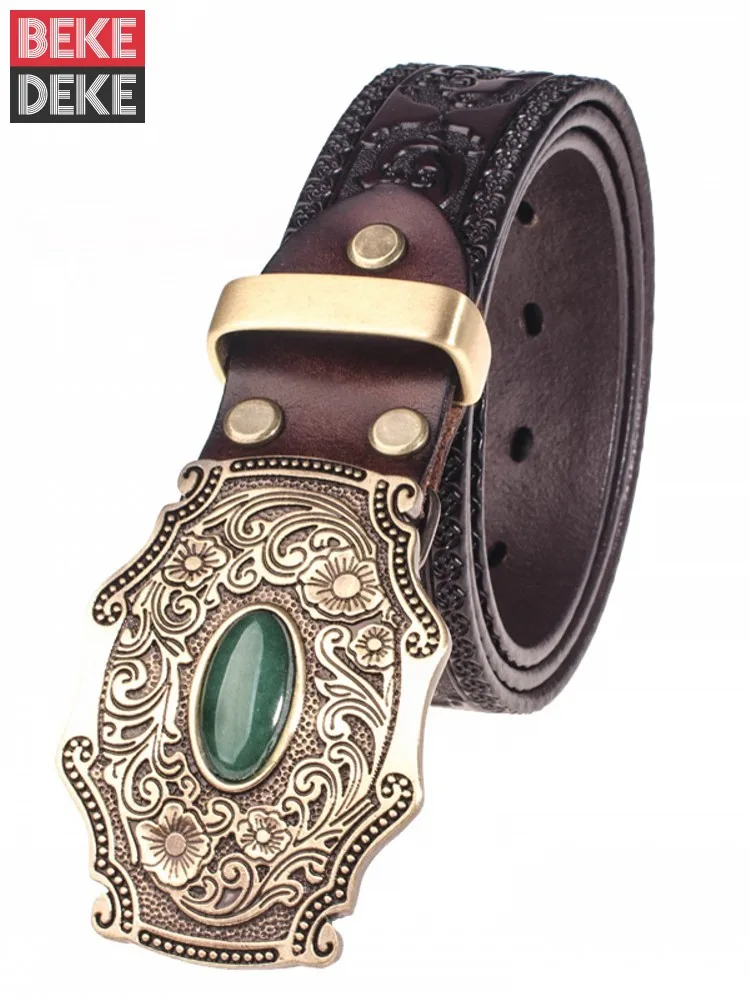 Mens Vintage Jade Copper Buckle Strap For Pants Punk Style Waistband Floral Carving Cow Split Leather Belt