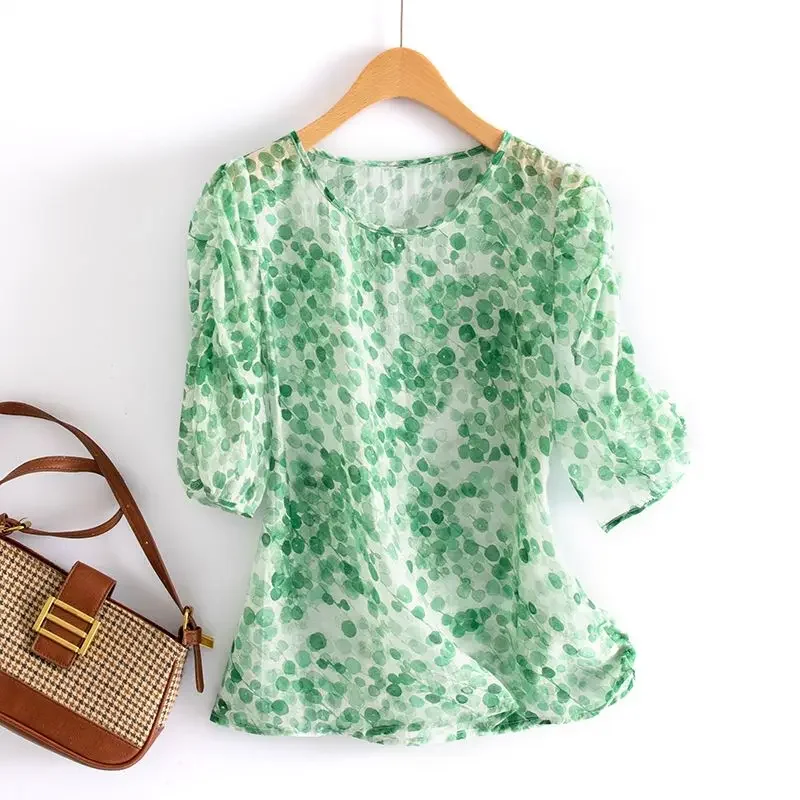 

Elegant O-Neck Printed Puff Sleeve Floral Chiffon Blouses Women Clothing New Loose All-match Tops Office Lady Shirts XQ163