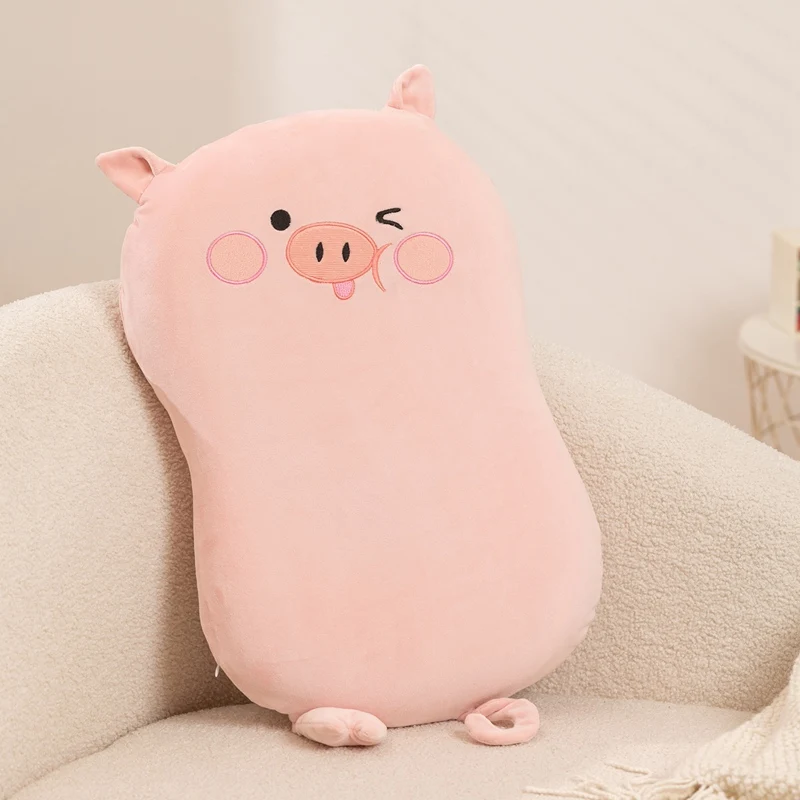 Pink Pig Plush Pillow Tongue Out Shy Winking Expressions Soft Long Hug Cushion for Bedroom Sleep Companion Bed Rest Gift