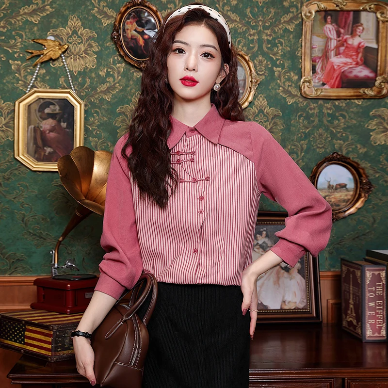 Spring Long Sleeve Turn Down Collar Women Shirt Chinese Style Striped Shirt Blouse Women Tops  Blusas Mujer De Moda 2024 J857