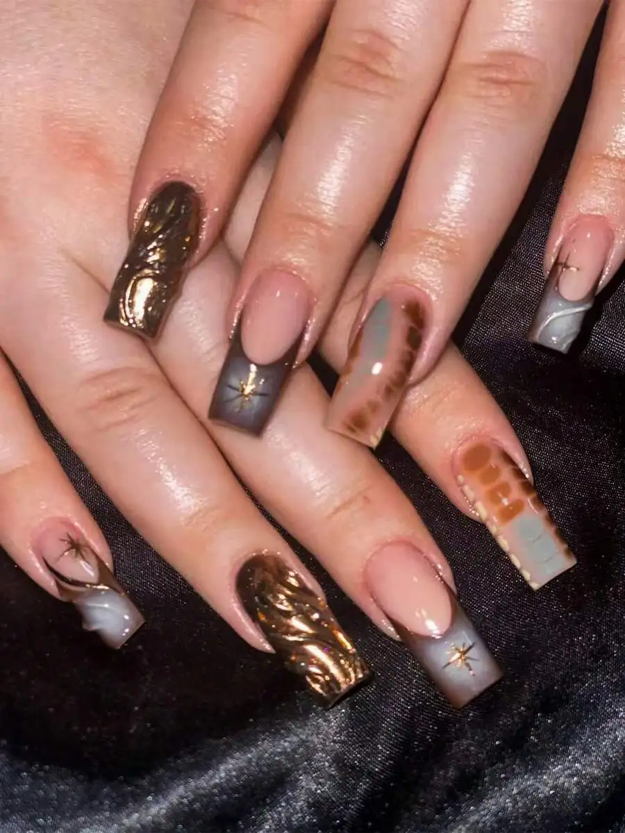 

Набор из 24 3D-гелевых накладных ногтей с клеем-желе и пилкой, французский маникюр, длинные квадратные, разноцветный глянцевый дизайн для женщин