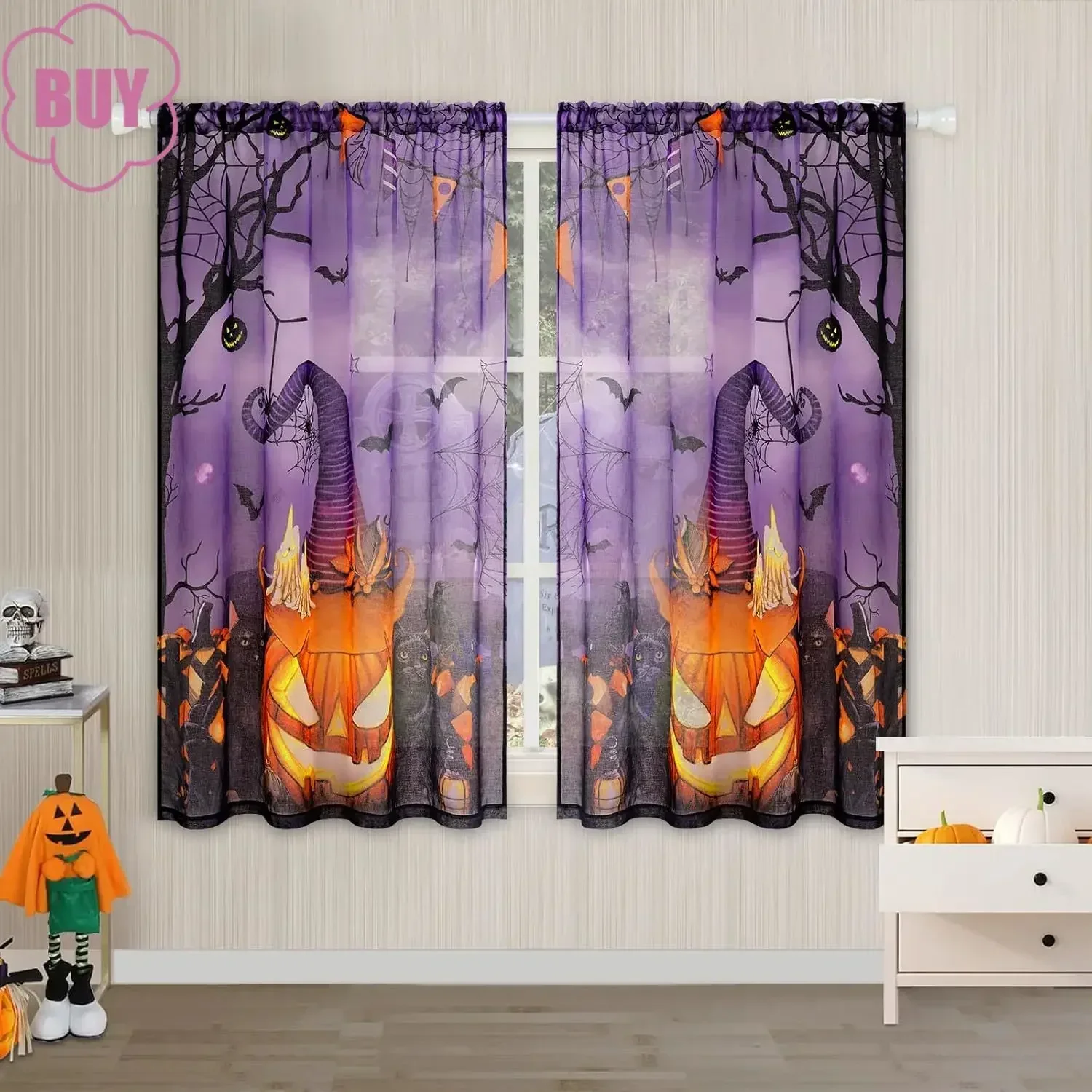 

Purple Halloween Pumpkin Horror Semi Sheer Curtains for Bedroom Living Room Drape Light Filtering Privacy Halloween Decor 1PC