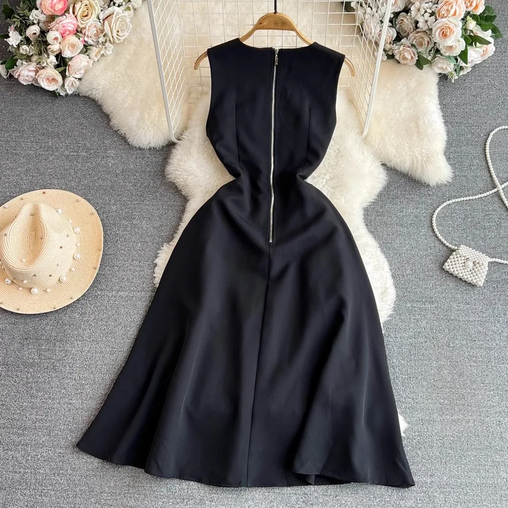 Elegant Office Lady Long Dress Women Spring Summer Sleeveless Patchwork Black Dress Party Dress Vestidos