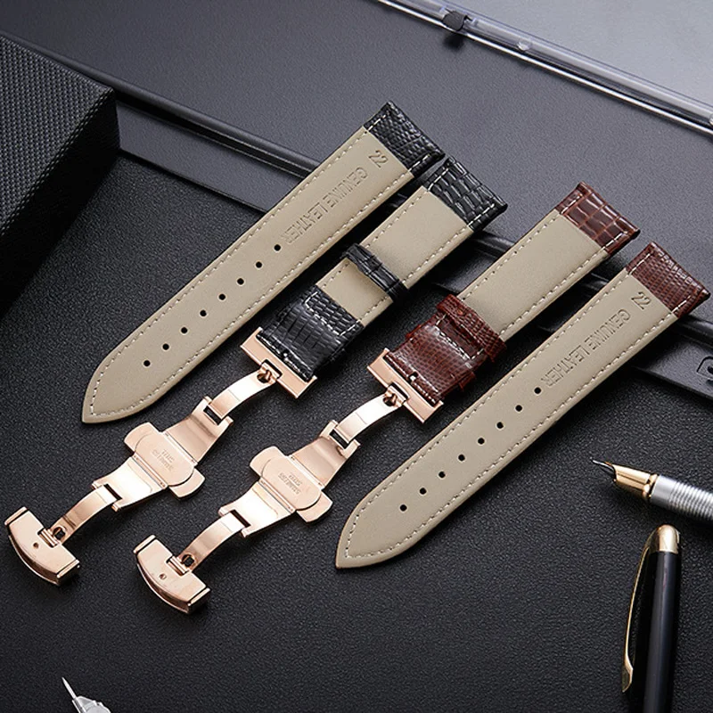 Universal Leather Watchband with Butterfly Buckle Lizard Pattern Leather Watch Band 14mm 16mm 18mm 20mm 22mm 24mm