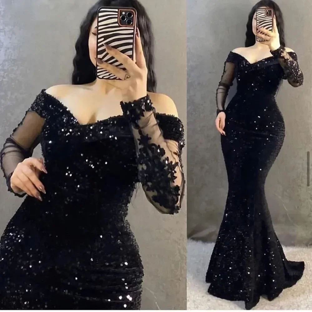 Customized Glitter Mermaid Black Evening Dresses Off The Shoulder Long Sleeves Prom Dress Sequins Women Formal Night Party Gowns