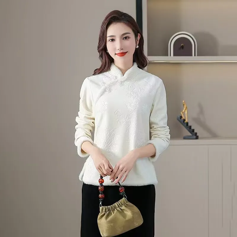 Women's Vintage Floral Tang Suit Jacket Canary Velvet Thicken Coat Fleece Warm Clothes for Mother Cheongsam Autumn Winter 2025