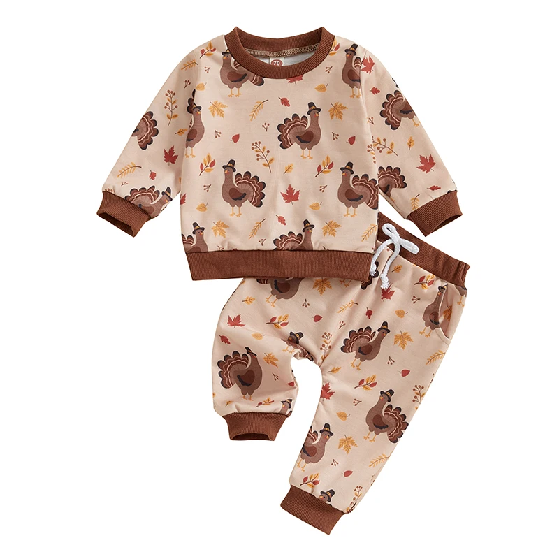 

Baby Thanksgiving Day Outfits Long Sleeve Turkey Pie Print Pullover Pants Set Toddler Clothes