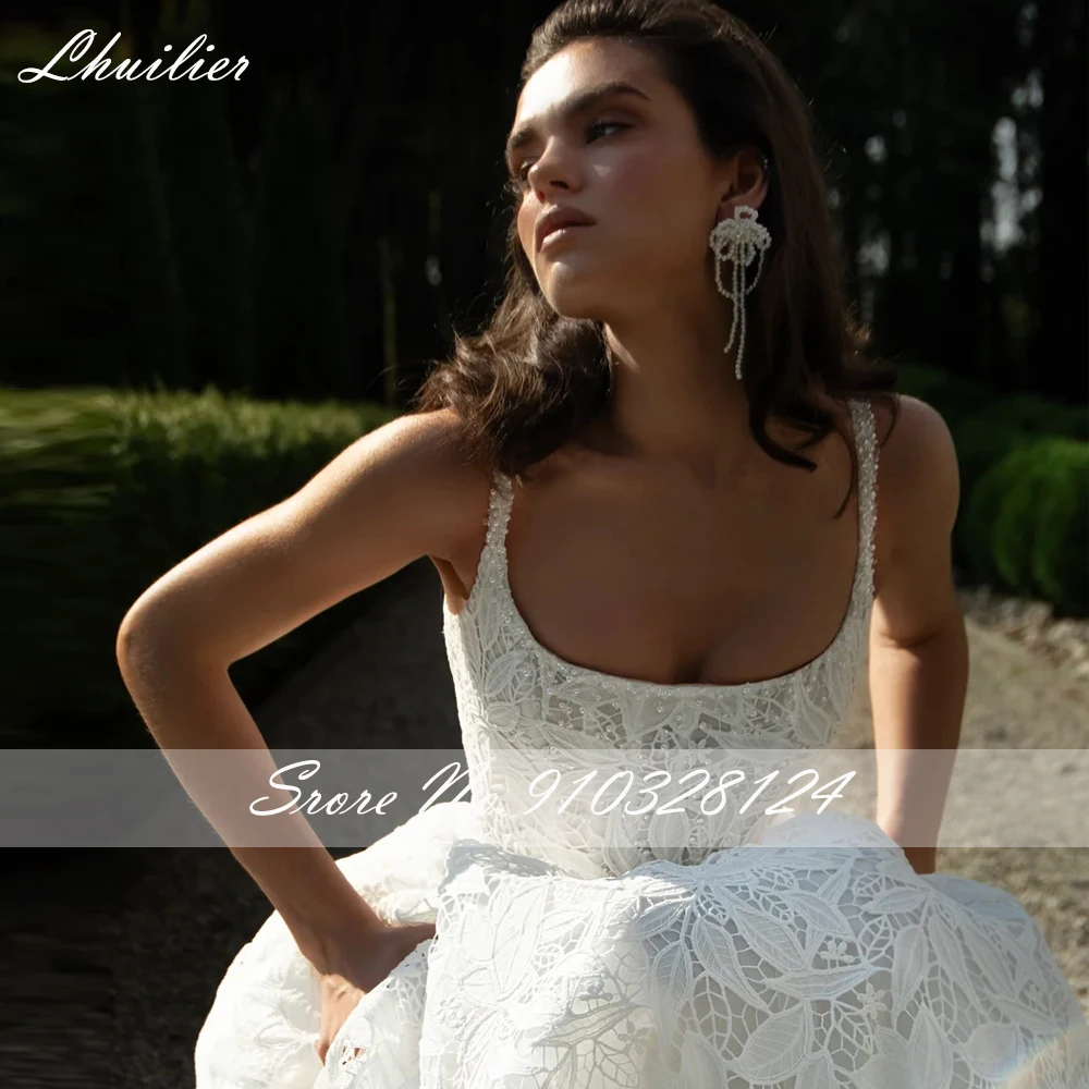 Lhuilier Customized A Line Square Neck Lace Wedding Dresses Sleeveless Beaded Bridal Gowns with Chapel Train