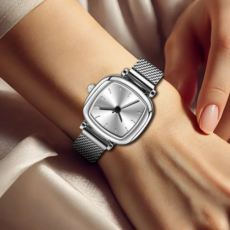 1 pieza de reloj de cuarzo con puntero de uñas cuadrado ligero de estilo simple con correa de malla blanca plateada para mujer
