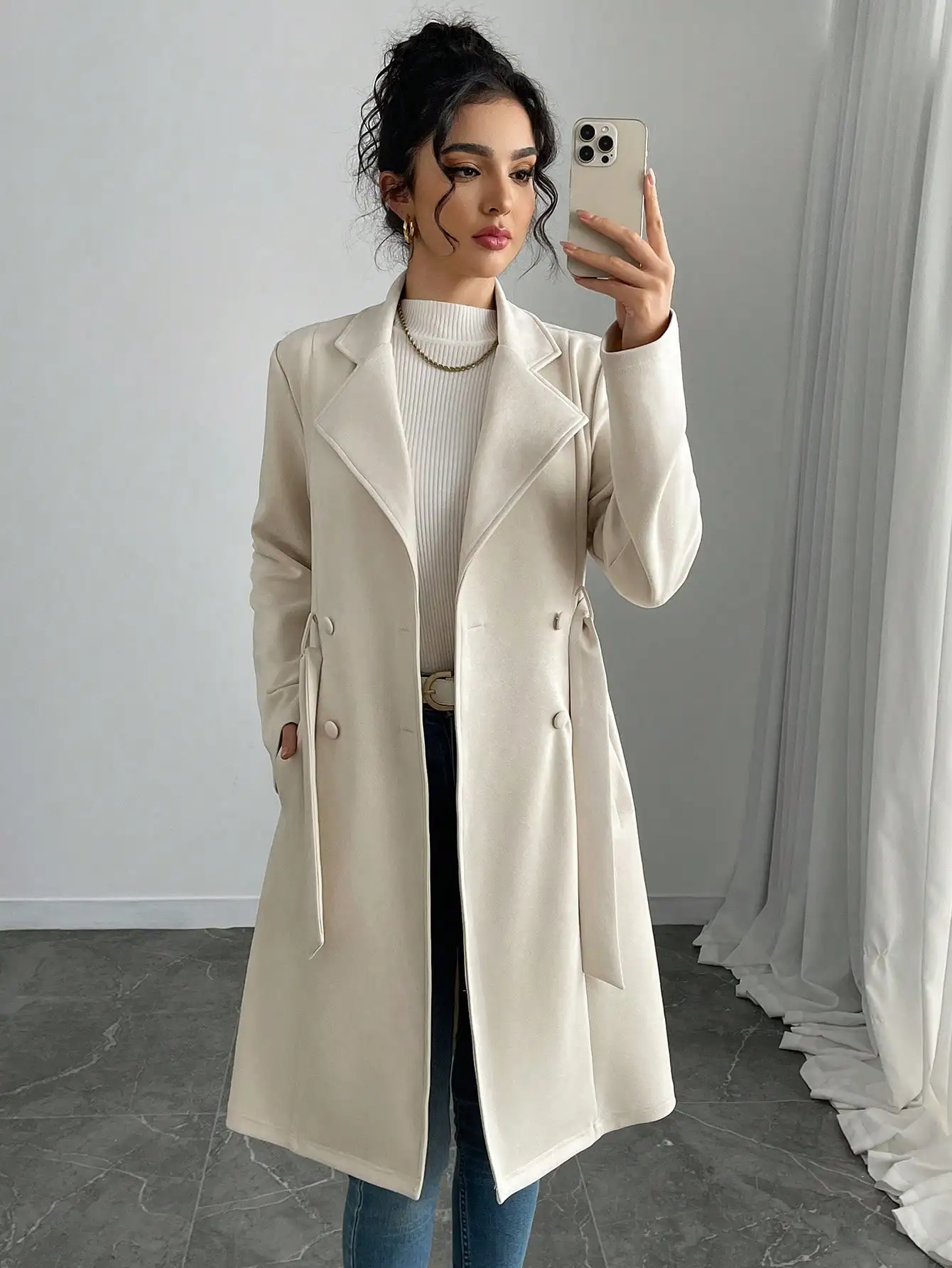 

Women's Cream Faux Suede Double-Breasted Trench Coat with Waist Tie