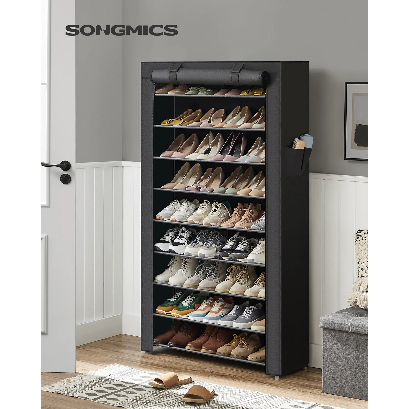 SONGMICS-estante para zapatos de 10 niveles, cubierta a prueba de polvo de 28x88x160cm, sostiene 40-50 pares, armario de almacenamiento de zapatos, organizador, sala de estar, pasillo