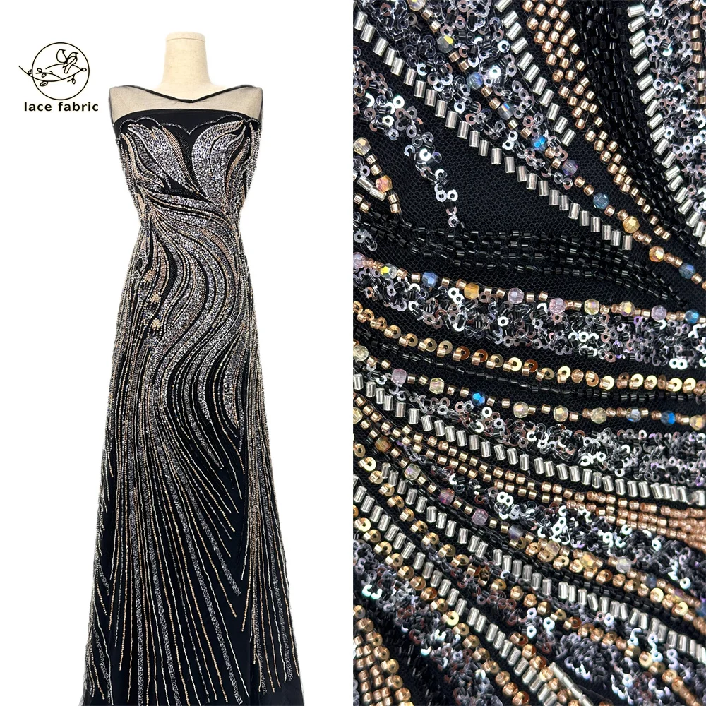 

High-End 2026 Luxury French Embroidery Heavy Groom Beads Lace Fabric With Sequins 5 Yards High Quality Materiel for Party Dress