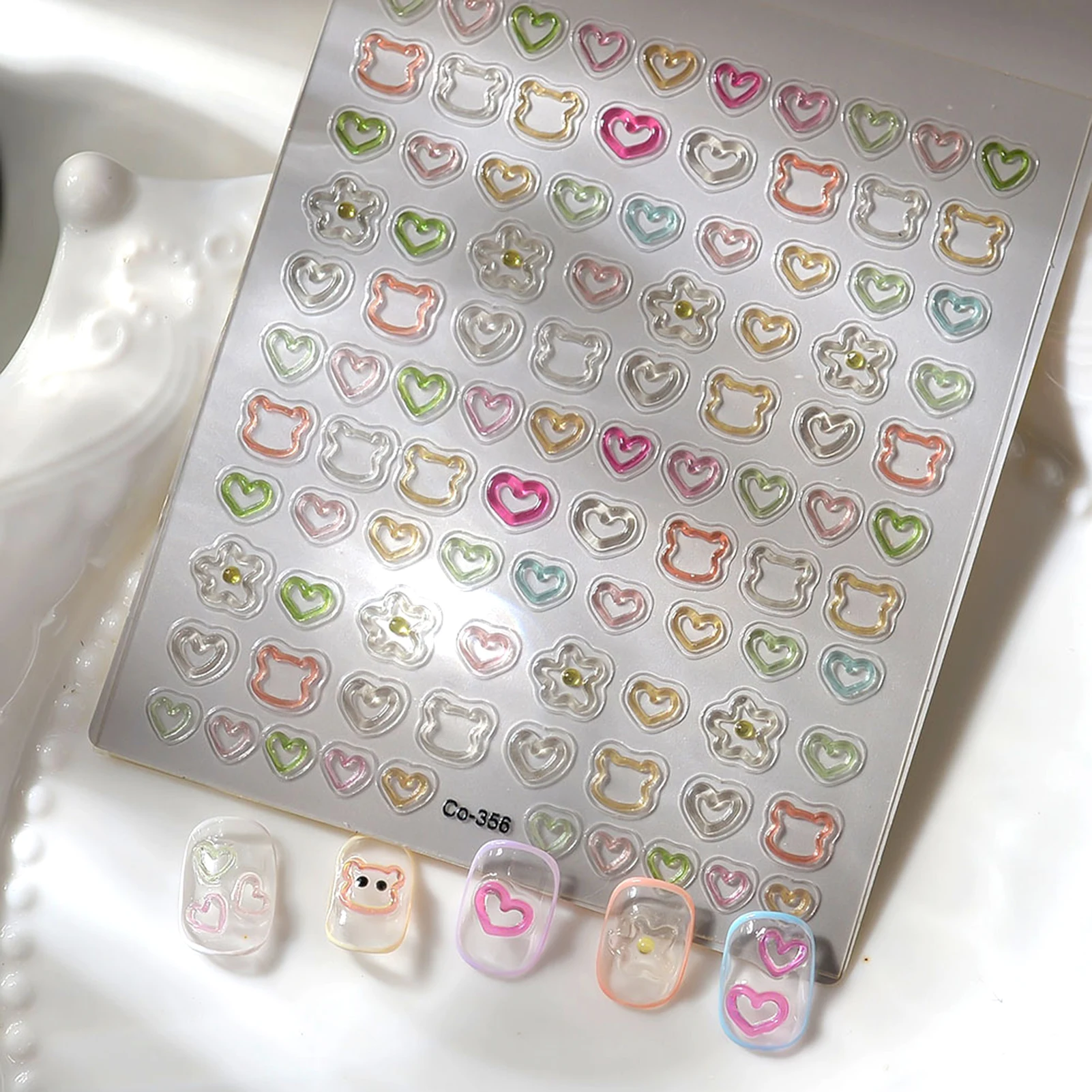 3D Embossed Nail Stickers - Cute Hollow Bear Heart Flower Decals Self-Adhesive Nail Art Sticker for Women Girls DIY Manicure
