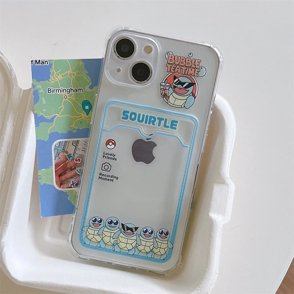 Pokémon Pikachu Johnny Turtle Carteira Cartão de telefone transparente, 3D Anime Cartoon, bonito macio TPU Capa para iPhone 11, 14, 13, 12, 15Pro Max