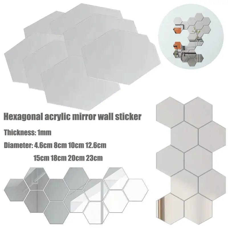 Durchmesser 4,6 cm-23 cm, kreative sechseckige Wandspiegel, 5–20 Stück, silberne Acryl-Kunst-Abziehbilder für DIY-Heimdekoration, Wohnzimmer, Schlafzimmer