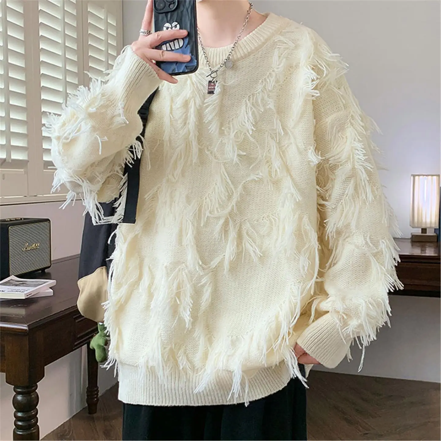 

Свободный мужской вязаный свитер с круглым дизайном Ne Hole, повседневный длинный све-топ на осень-зиму, удобный полиэстер