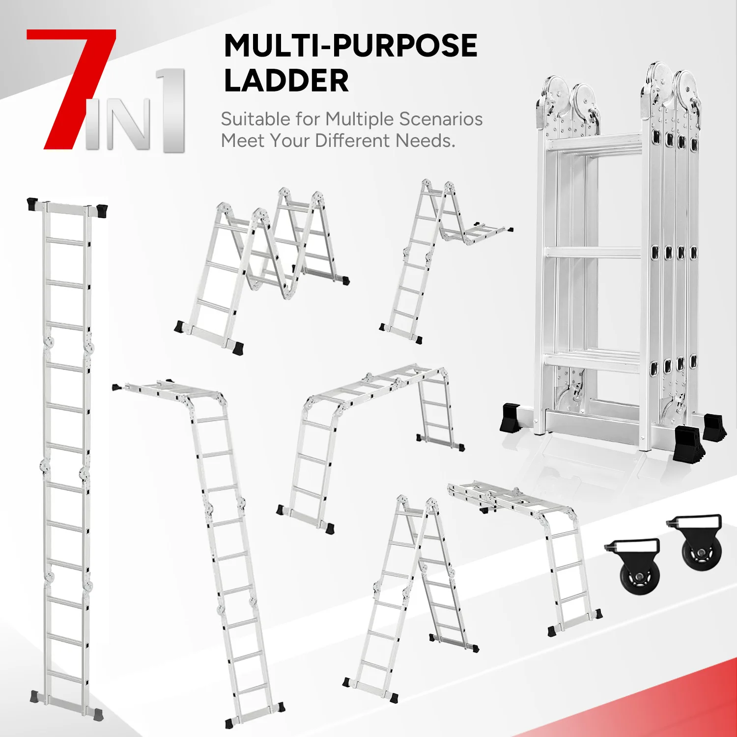 4×3 Escalera de propósito múltiple, escalera multifuncional 7 en 1 de 350CM de aluminio, escalera plegable de propósito múltiple con 2 ruedas, escalera doméstica con una carga máxima de 150kg