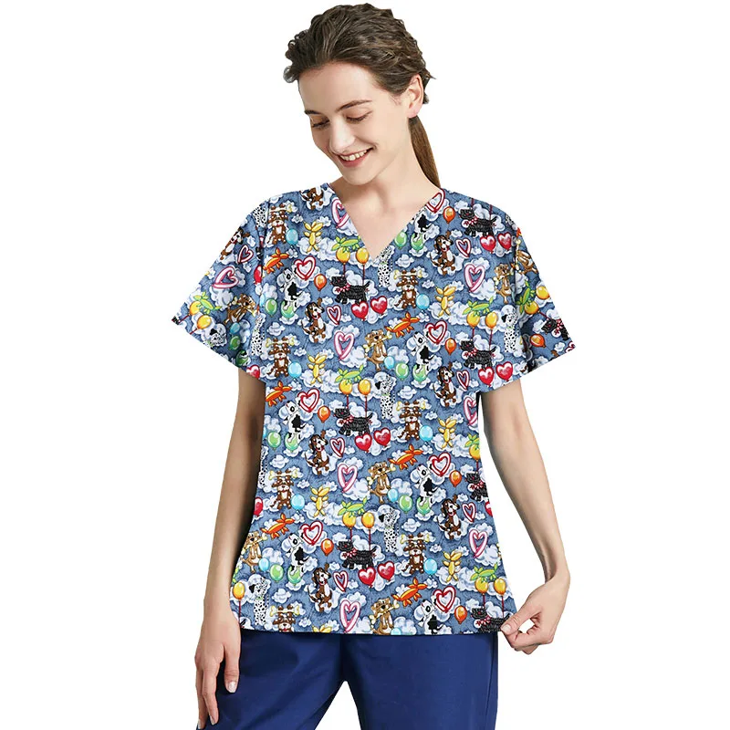 Summer Unisex Frosted Uniform v-Neck Animal Print Scrub Short Sleeve Top Medical Hospital Nurse Doctor Dental Clinic Overalls