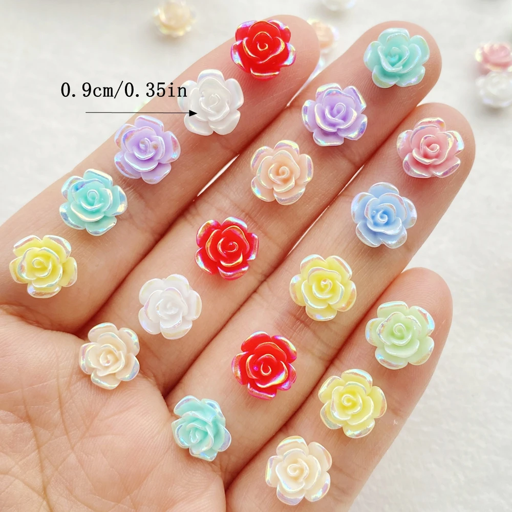 20pcs 9/14mm AB Resin Rose Flatback Flower Rhinestone Gems Scrapbook Wedding Ornaments Applique Crafts DIY