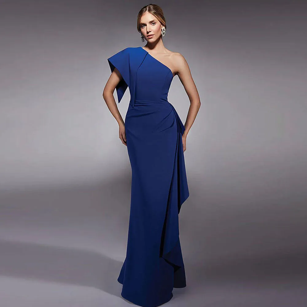

Simple Navy Evening Dresses One Shoulder Sleeveless Mermaid Floor Length Sweep Train Banquet Celebrity Female Gowns Elegant