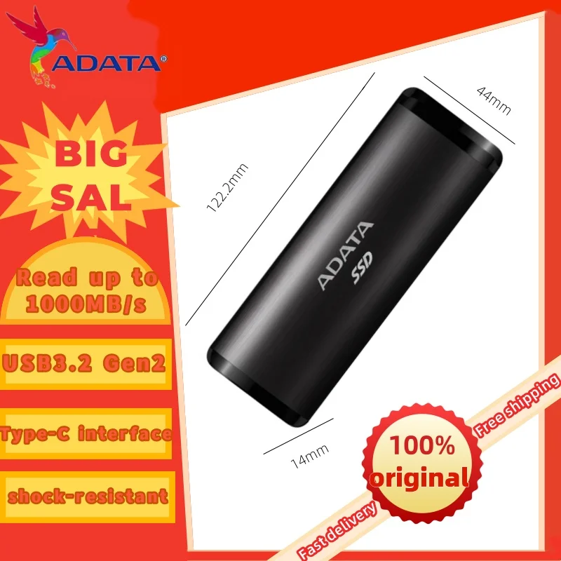 ADATA Original PSSD SE760 Type-C NVMe Portable Solid State Drive 512GB 1TB 2TB SSD Black Metal Hard Disk Max Read up to 1000Mb/s