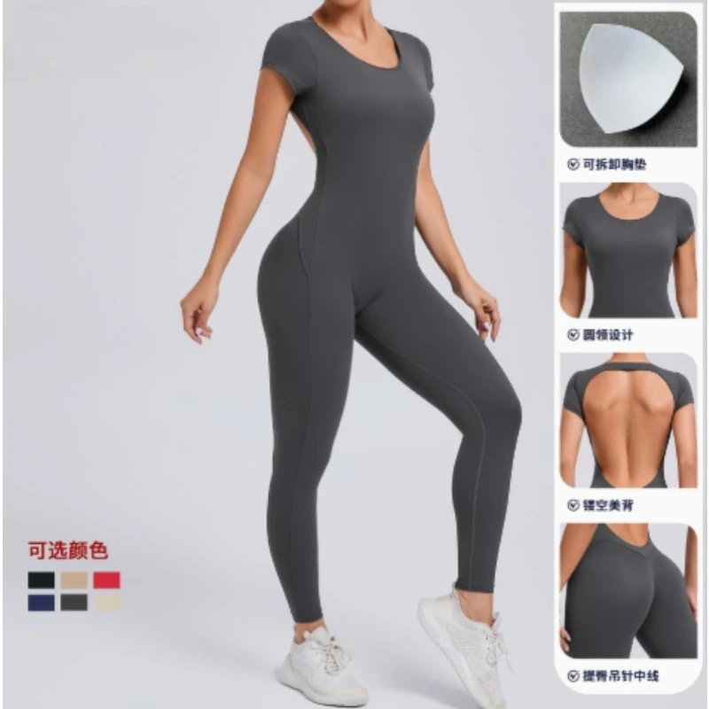 Tuta da yoga monopezzo da donna manica corta aperta sul retro slim fit outfit sportivo collant abbigliamento fitness da palestra per sollevamento dell'anca ad asciugatura rapida