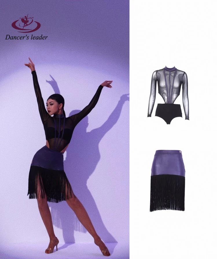 Latin Dance Samba High Necked Slim Fit Women's Black Silk Long Sleeved Mesh Top Versatile Tassel Skirt Professional Clothing