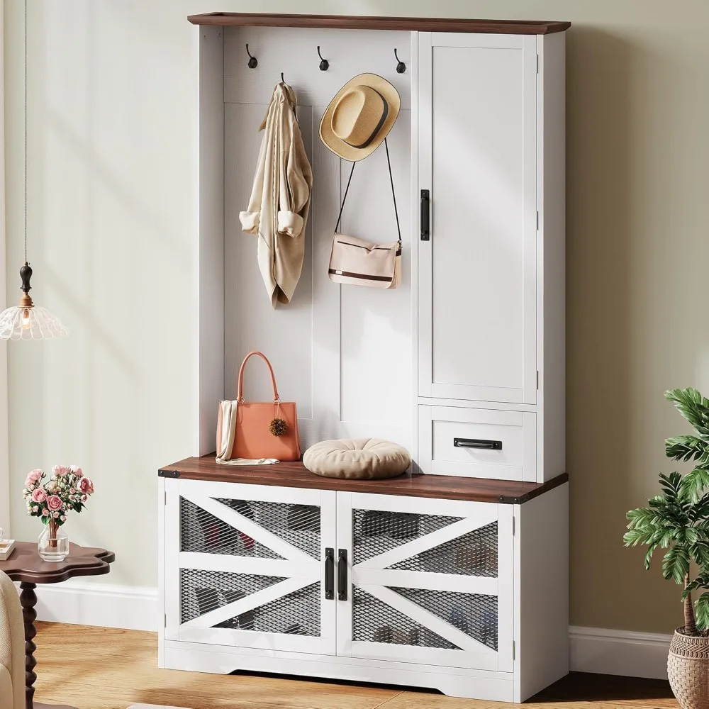 رفوف المعاطف مع مقاعد البدلاء ورف الأحذية، منظم تخزين الأحذية الكبير مع خطافات المعطف، باب الحظيرة المنزلق للدرج، أرفف قابلة للتعديل