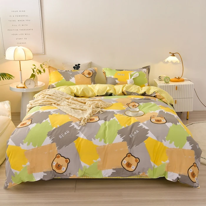 Geometric Graffiti Duvet Cover Set Yellow Grey Green Rectangle Cute Bear Comforter Cover Painting Bedding Set for Bedroom Decor