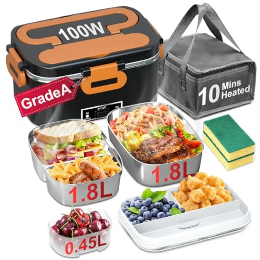 

Electric Lunch Box for Adults - 2 Pack Container 100W Heated Lunch Box for Men Fast Heating Food Heater Portable with ON/OFF Sw