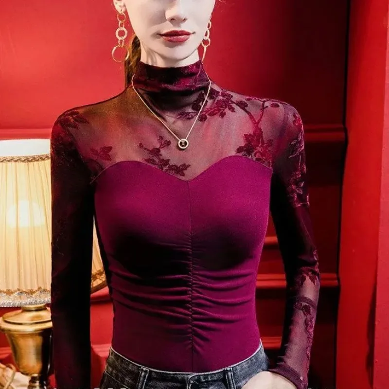 

Half Turtleneck Flocked Printed Lace Splicing Bottoming Shirt for Women Brushed Spring New Style Inner Top