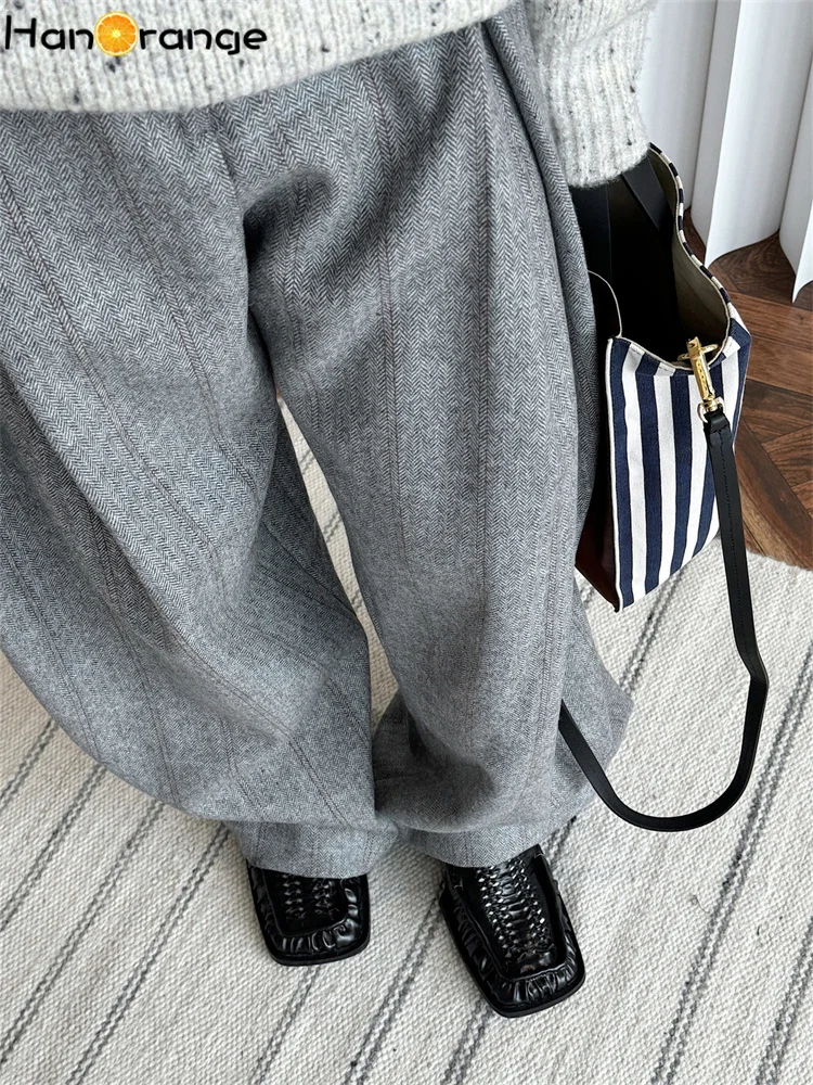 HanOrange 2026 Heavy Weight Winter Retro Herringbone Wool Pressed Double Pleated Trousers Women Wide Legs Pants Gray/Brown