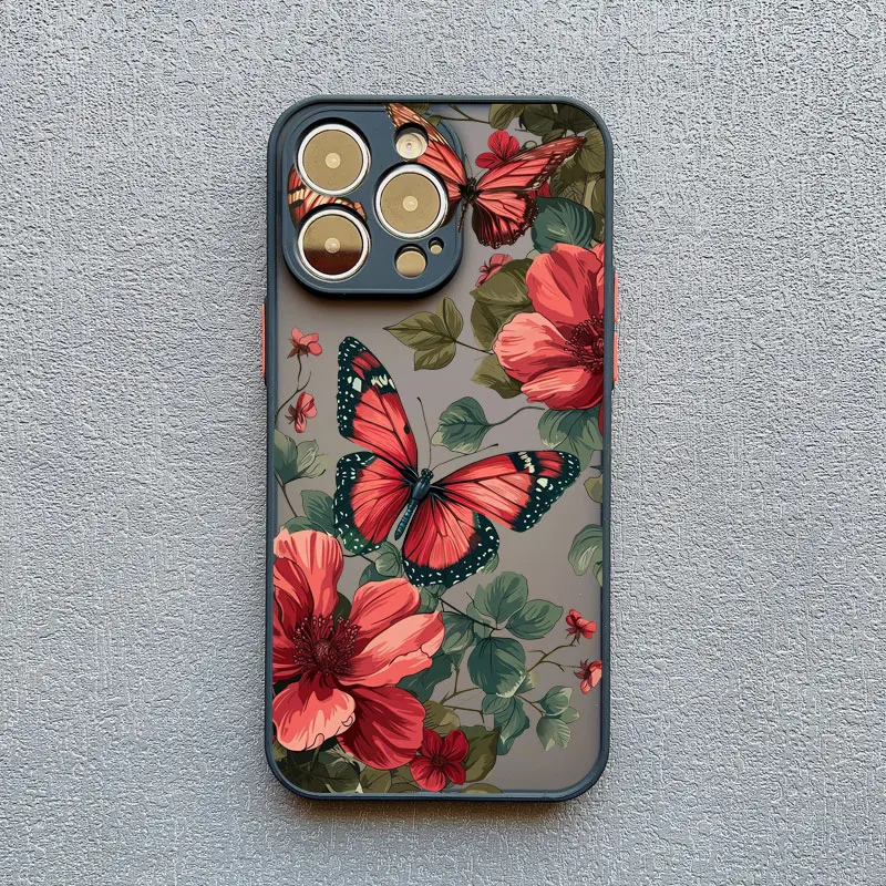 Vintage Blumen Handyhülle für iPhone 17 16 15 14 Pro Max 12 11 13 Pro Max Mini X XR XS 14 15 16 Plus Schmetterlings-Pflanzen-Rückseite – Detail 3