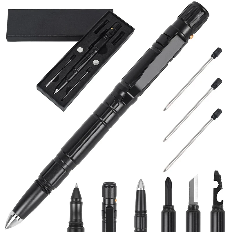 Military Tactical Pen, 6-in-1 Self Defense Pen LED Flashlight, Emergency Glass Breaker Pen, Writing Tool with 3 Refill