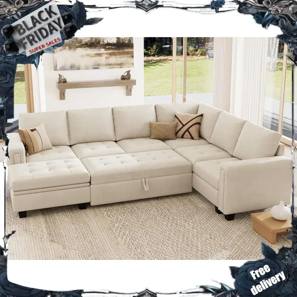 

Modular Sectional Sleeper Sofa with Pull Out Bed U Shaped Sectional Sofa Couch with Storage Ottoman Velvet Covertible