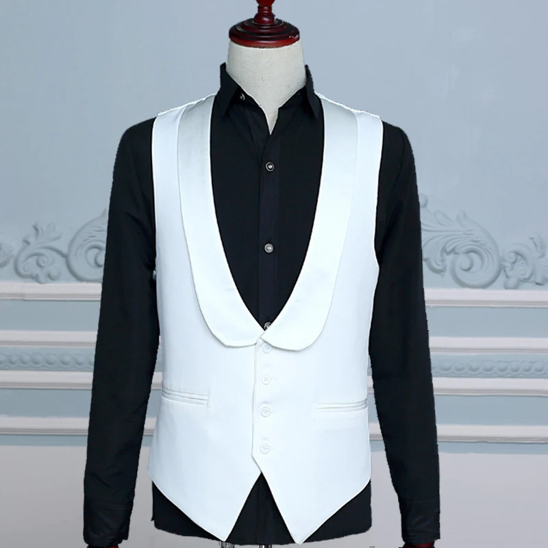 Fashion Shawl Lapel Vest for Wedding Tuxedo Suits Men\'s White Black One Piece Formal Waistcoat Party Stage Performance Suit Vest