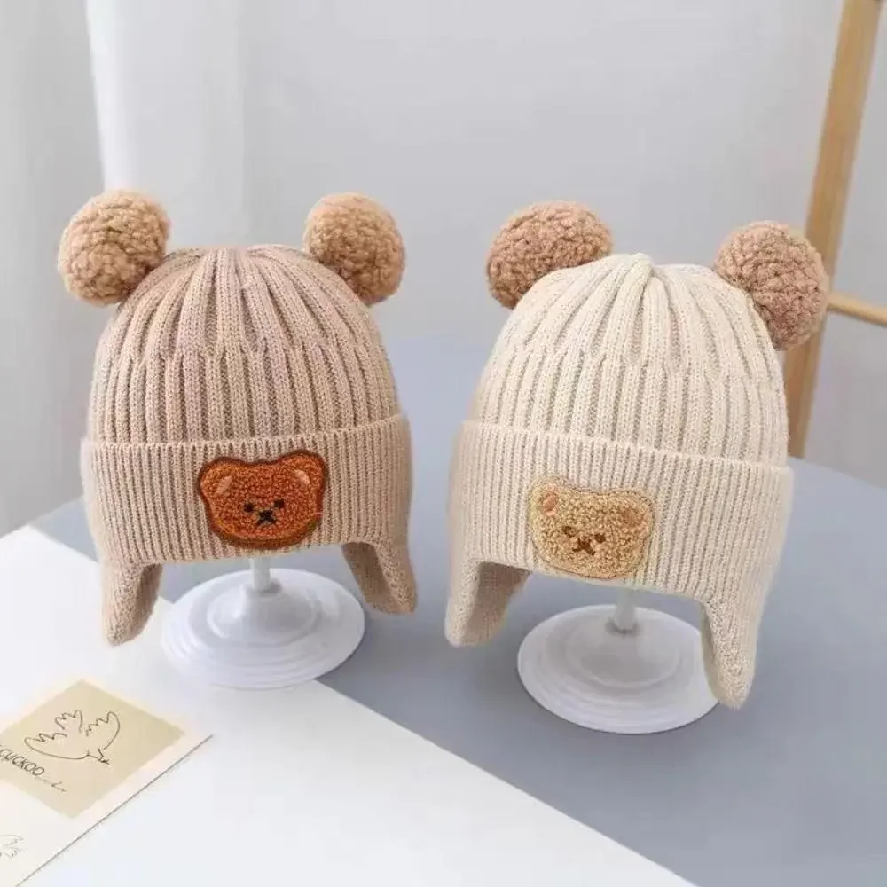 Korean Knitted Baby Cap with Earflaps Cute Bear Pompom Kids Hat Beanie Warm Autumn Winter Boys Girls Ear Protection Bonnet Caps