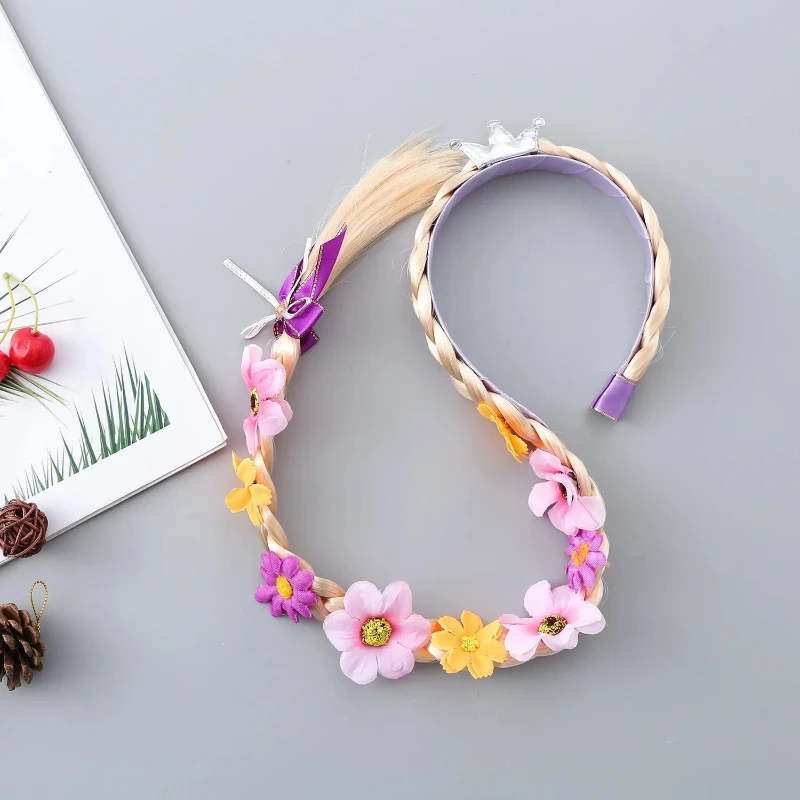 Kids Pink Blue Purple Flower‑Decor Braided Hairband Stylish Wig Headwear Ideal for Fairy Role‑Play Birthday and Holiday Events - view 2
